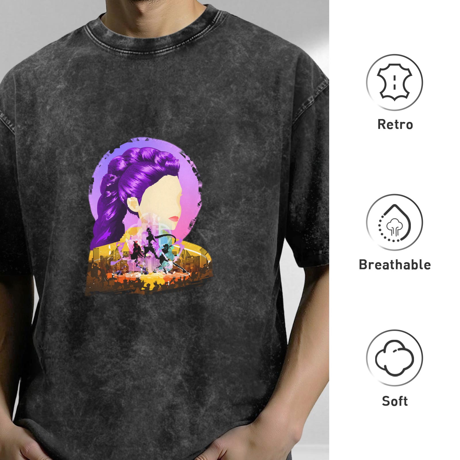Oversized Acid Wash Graphic T-Shirt with Stylized Purple-Haired Woman Art Print