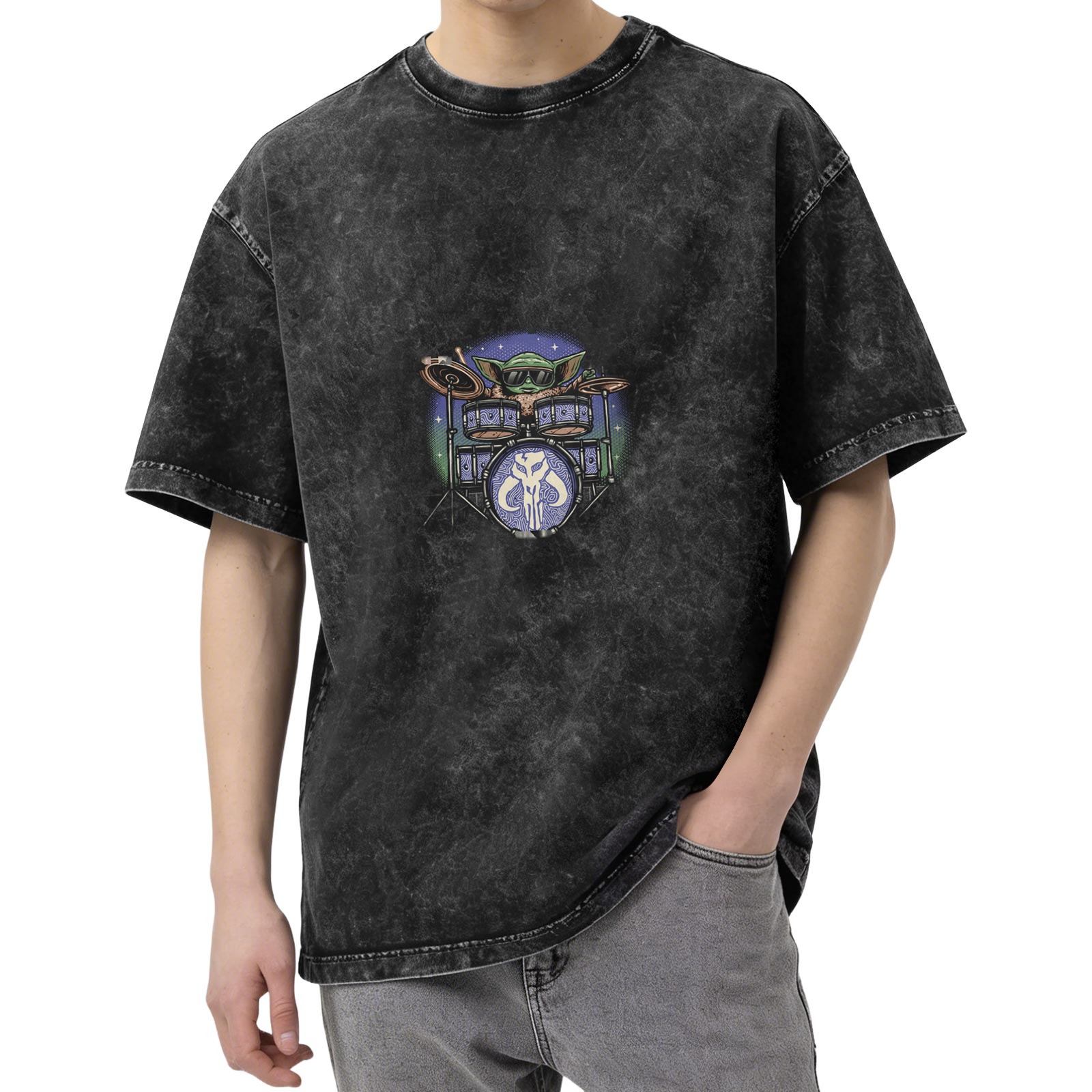 Washed Black T-Shirt Featuring Baby Yoda Playing Drums