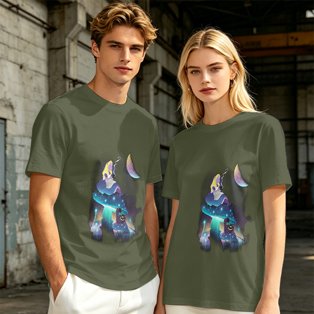 Olive T-Shirt with Alice in Wonderland Galaxy Mushroom Art