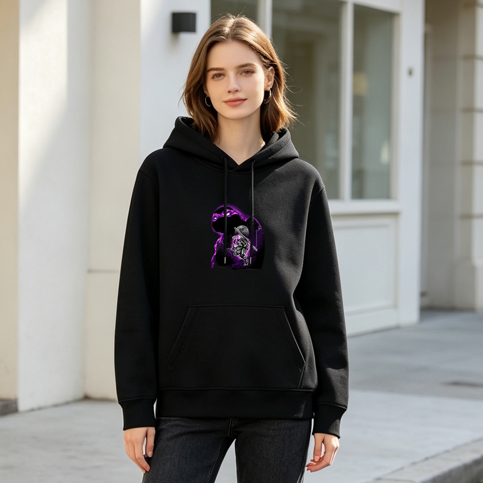 Black Hoodie With Purple Ninja Turtle Graphic Print
