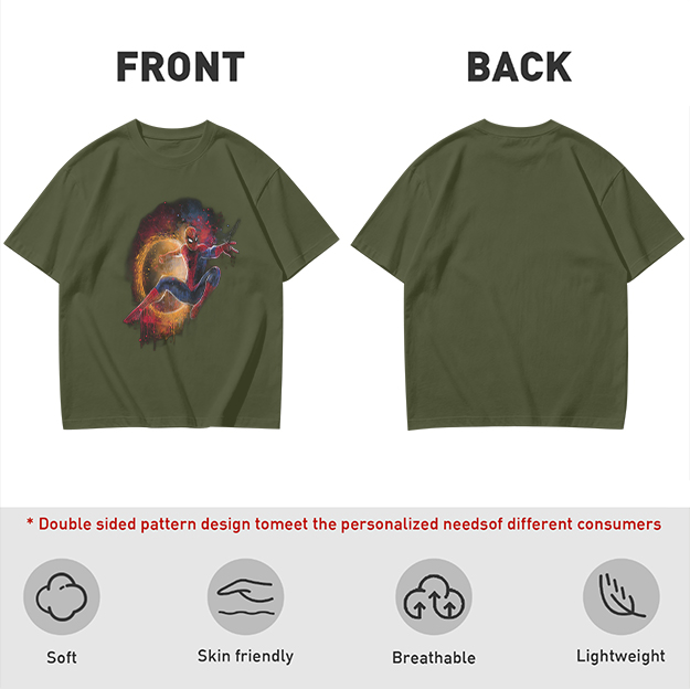 Olive Green Spider-Man Graphic T-Shirt with Cosmic Art Print