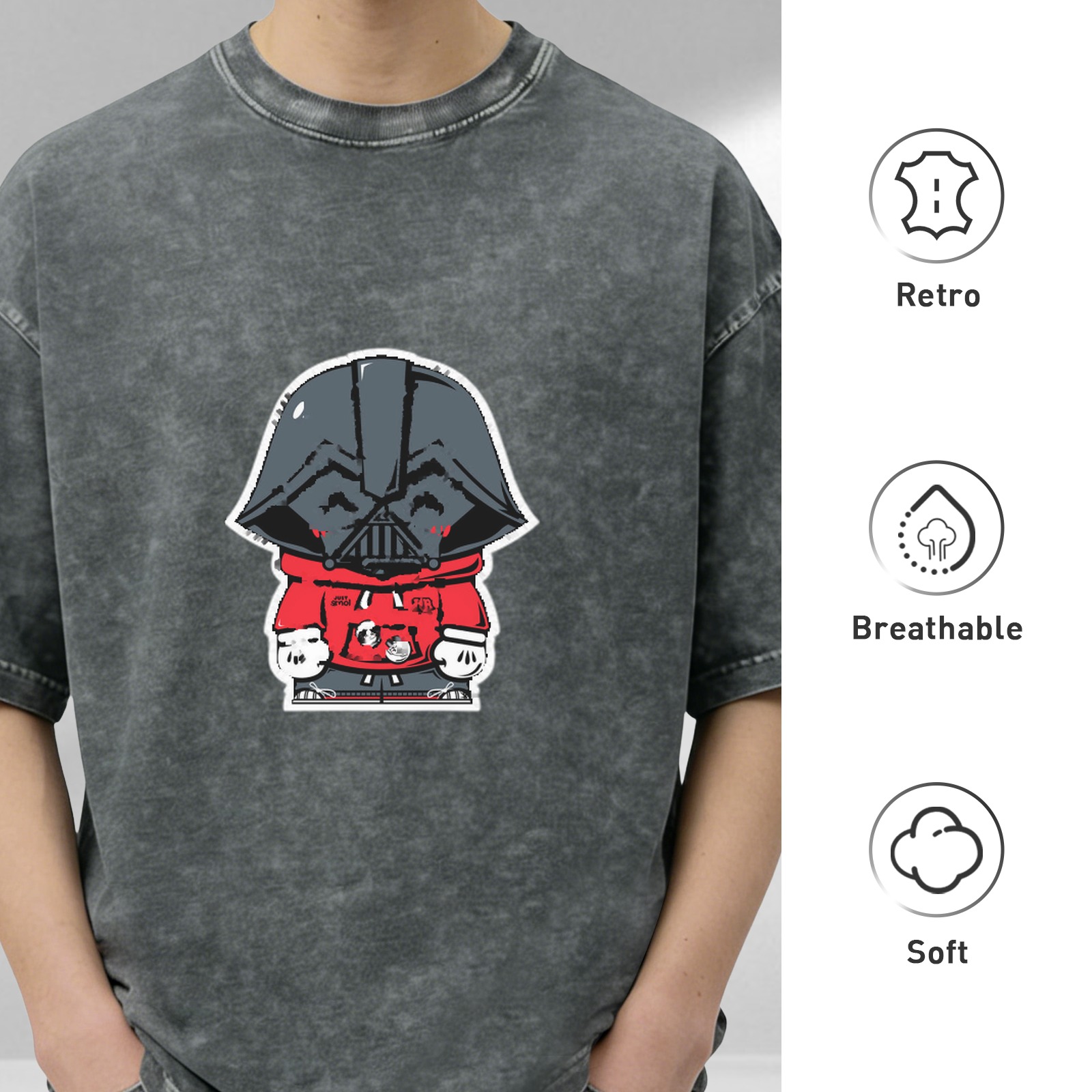 Oversized Dark Wash T-Shirt with Cute Darth Vader Hoodie Print