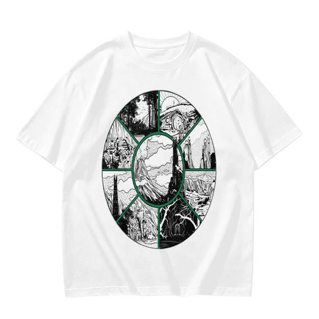 Olive Green T-Shirt With Circular Fantasy Landscape Art Print