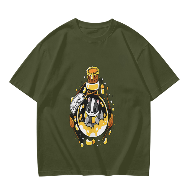 Olive T-Shirt With Cute Badger In Potion Bottle Graphic