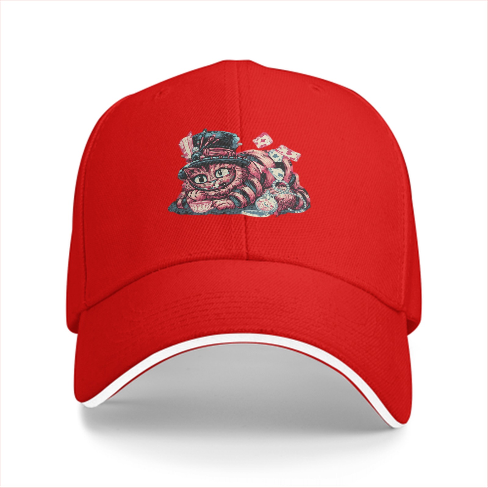 Black Baseball Cap with Whimsical Wonderland Cat Art Print