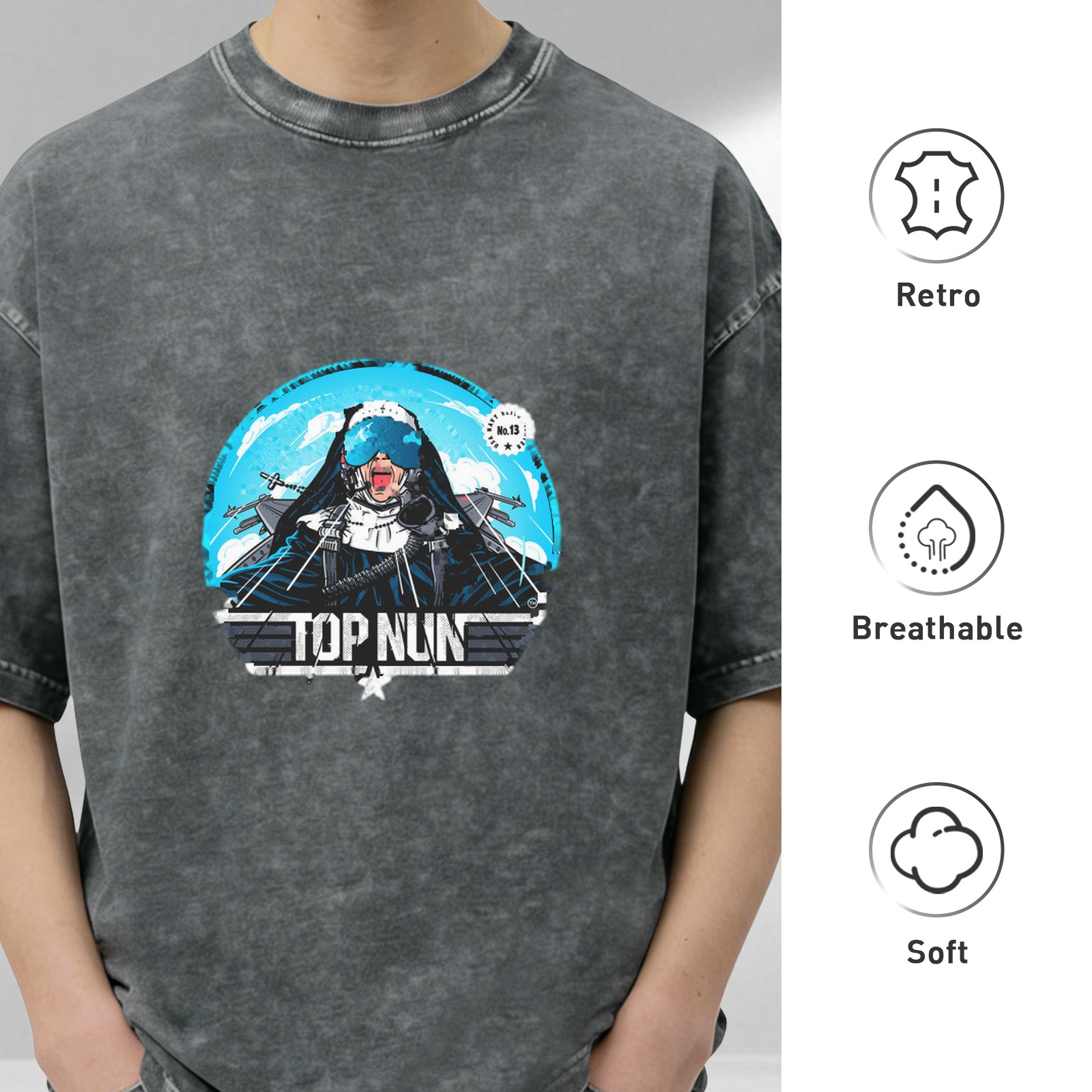 Oversized Dark Wash Graphic Tee With Top Nun Pilot Print