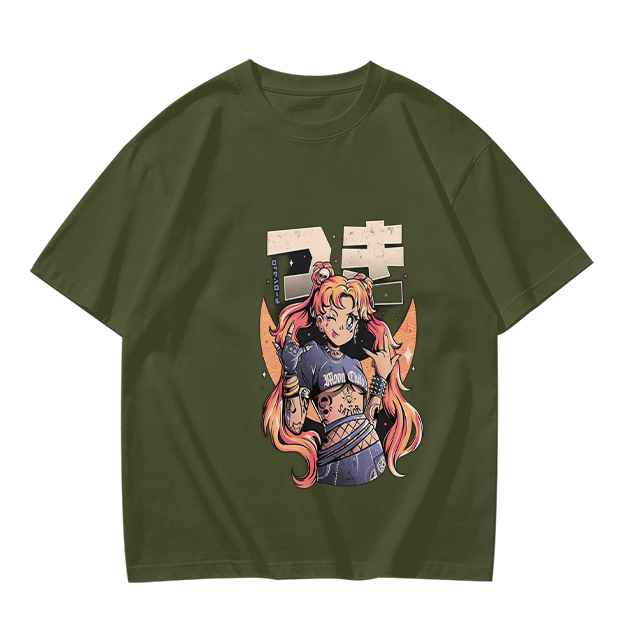 Olive Anime Girl Graphic Short Sleeve T-Shirt