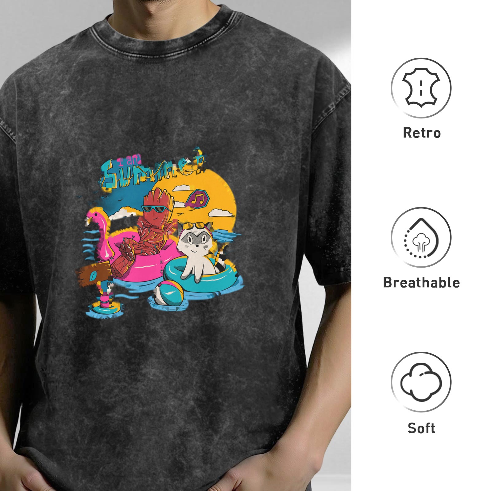 Washed Black Summer Pool Party Graphic T-Shirt with Cartoon Characters