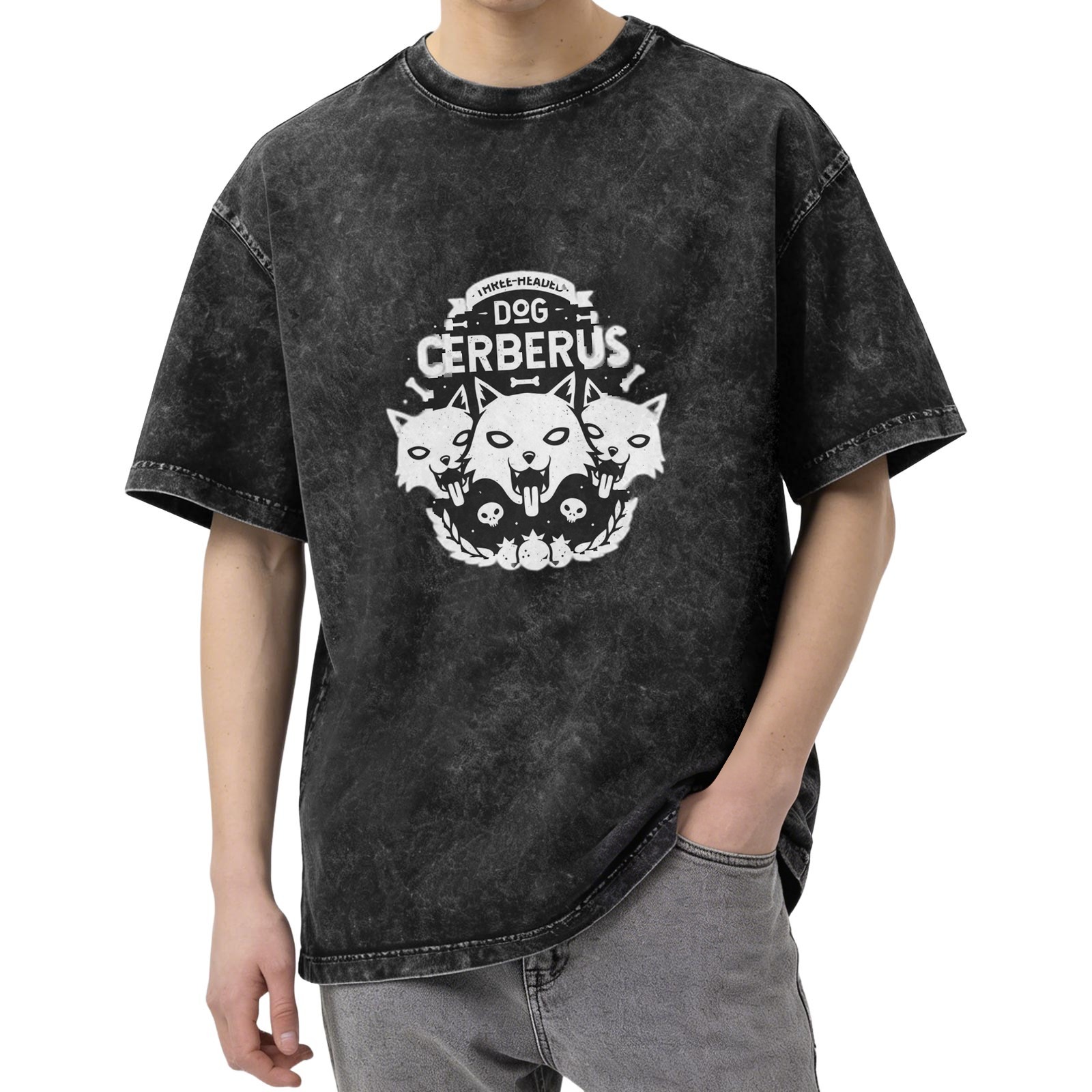 Oversized dark wash graphic t-shirt with three-headed Cerberus dog design