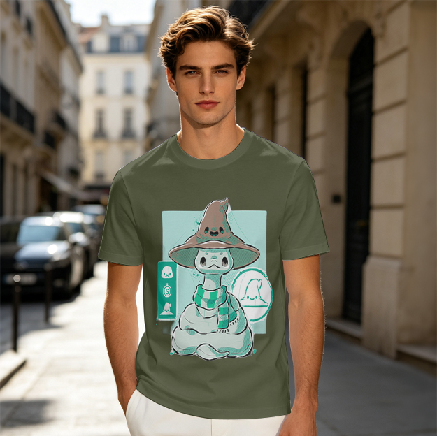 Olive T-Shirt With Cute Wizard Snake Graphic Design