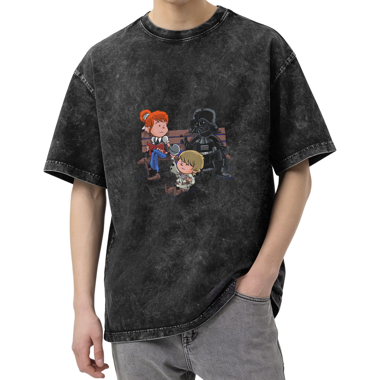 Washed black t-shirt with cartoon Star Wars characters graphic