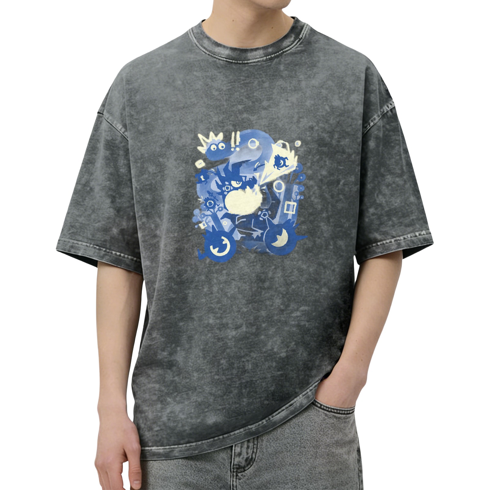 Oversized Washed Black T-Shirt With Blue Whimsical Graphic Print