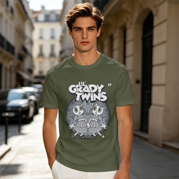Olive green t-shirt with Lil Grady Twins horror cartoon print