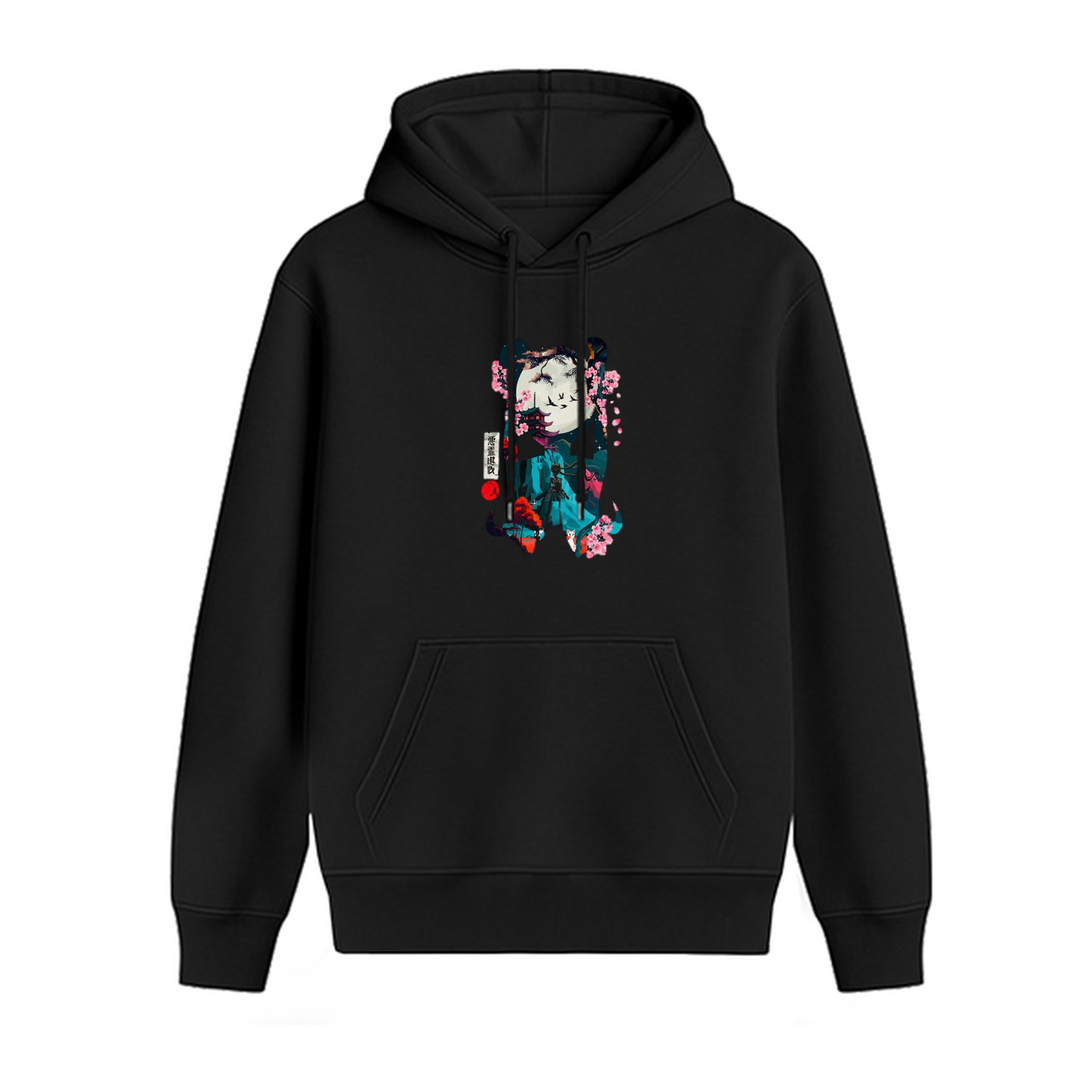 Black Hoodie With Japanese Art Inspired Cherry Blossom Print