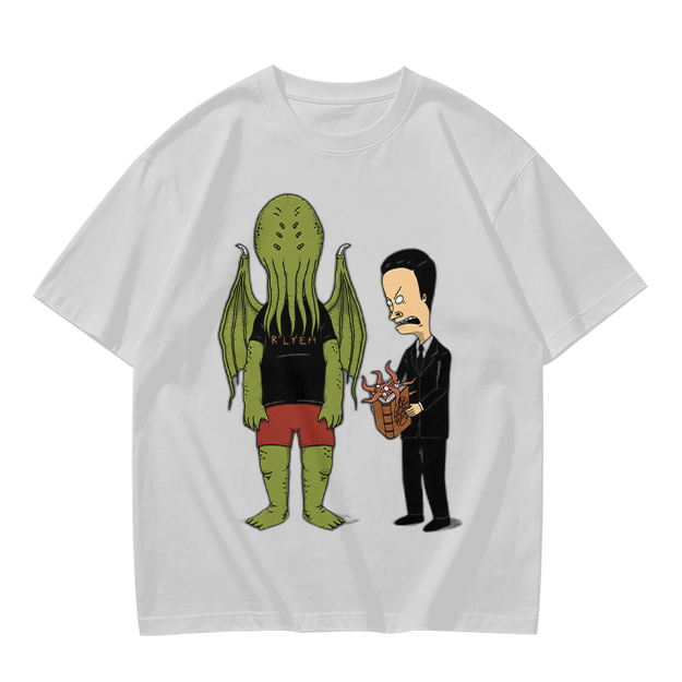 Olive T-Shirt Featuring Cthulhu and Beavis in Suits Graphic