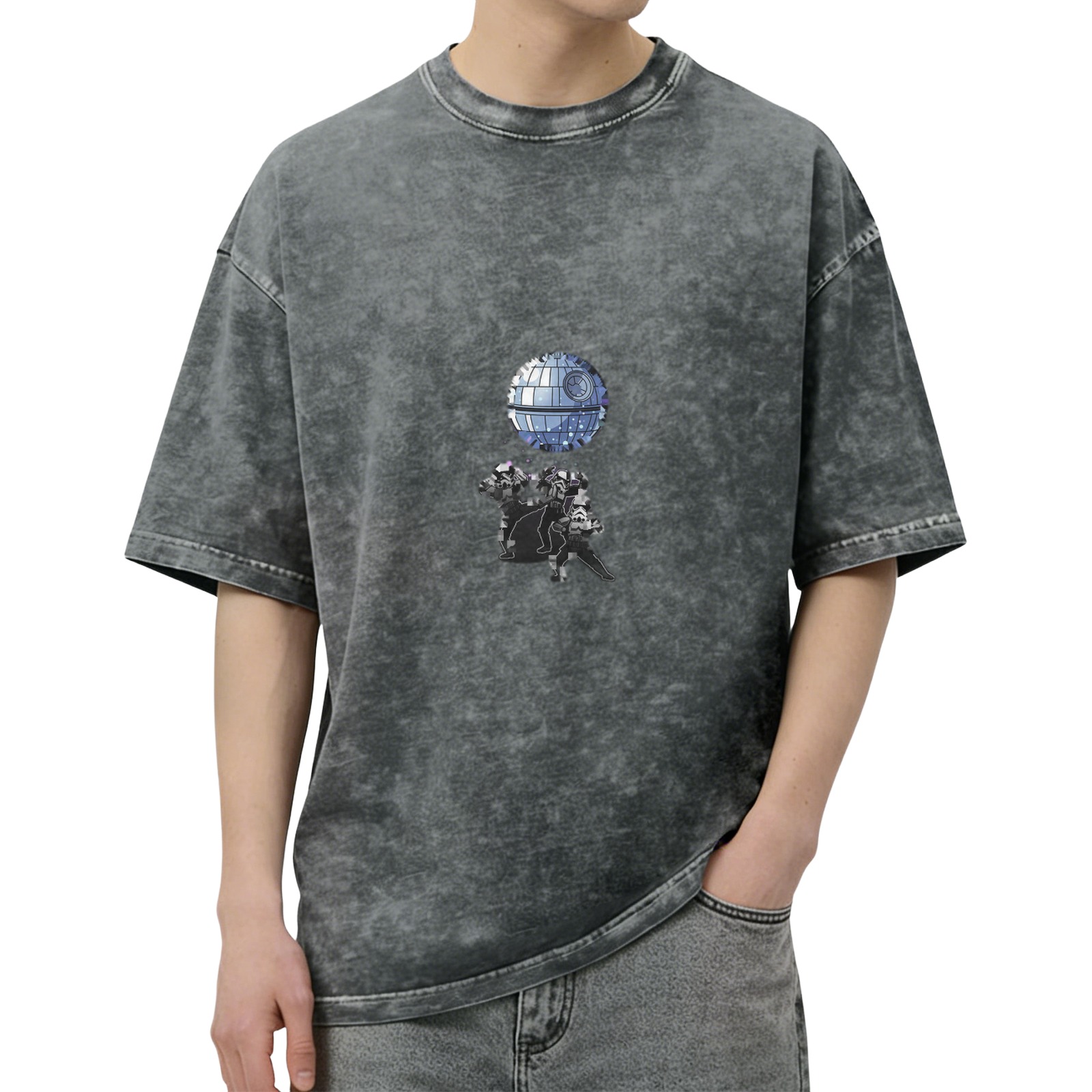 Oversized Dark Wash T-Shirt With Star Wars Death Star Print