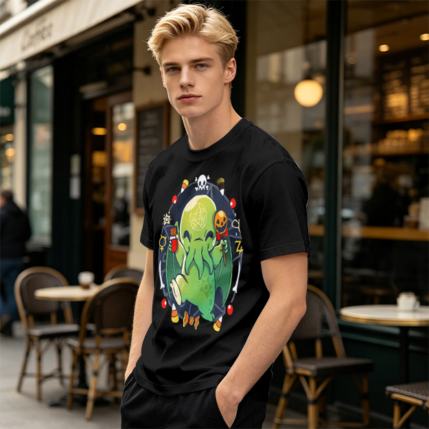 Olive T-Shirt With Cute Halloween Cthulhu Graphic Print