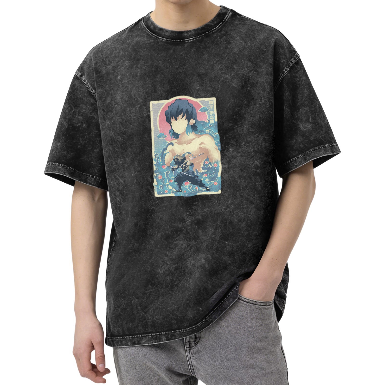 Oversized Acid Wash T-Shirt with Demon Slayer Inosuke Anime Graphic