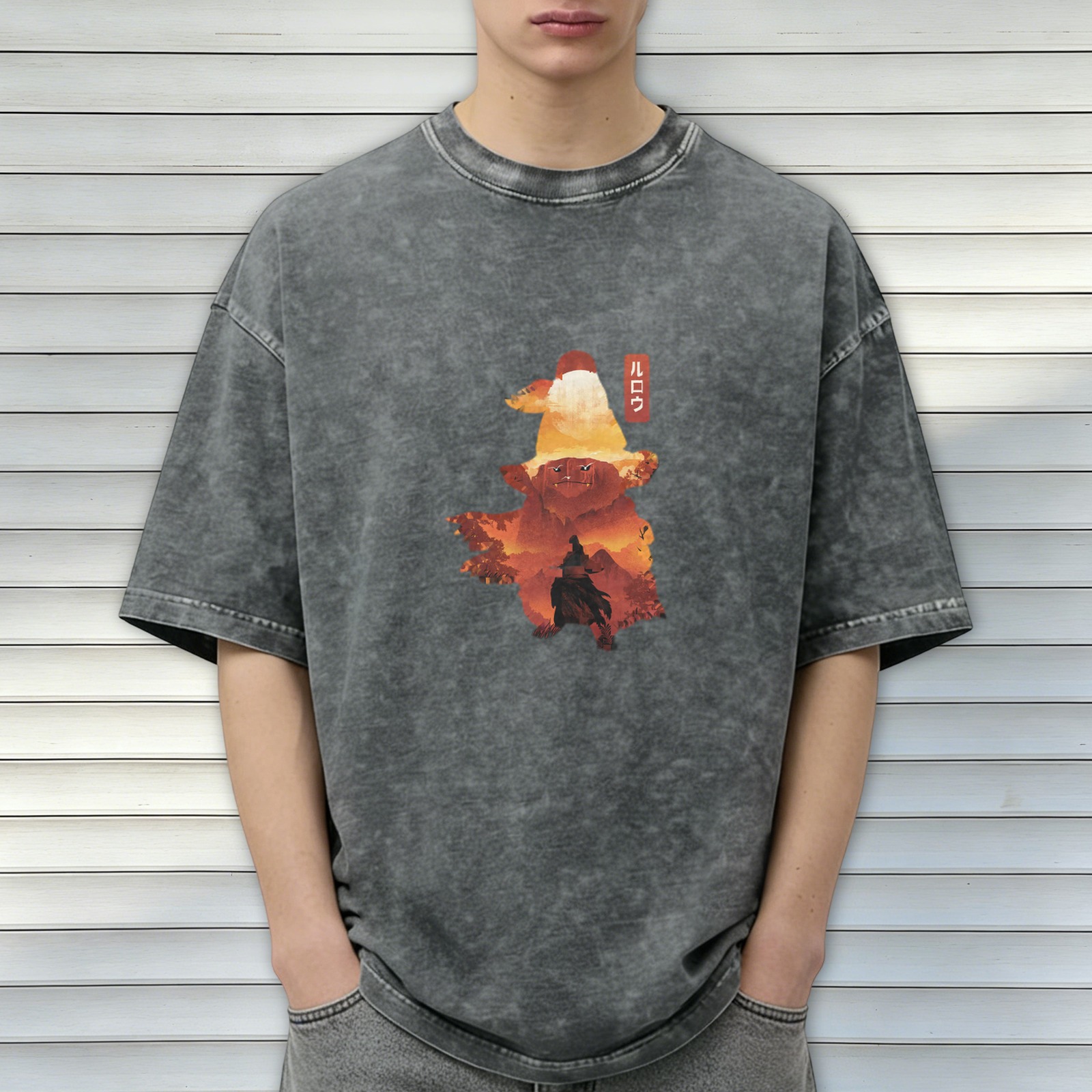 Oversized dark washed graphic t-shirt with wizard silhouette art