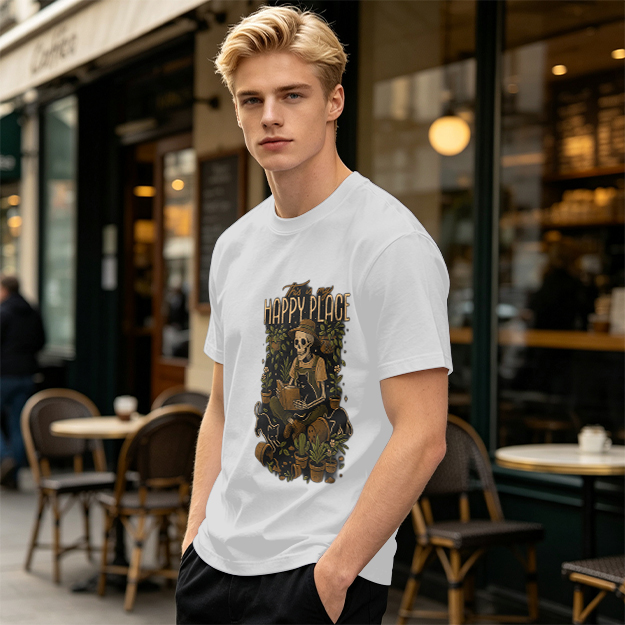 Happy Place Skeleton Gardener Cat Plant Lover T-Shirt