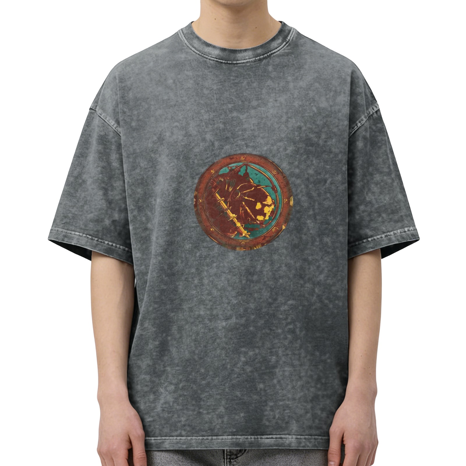 Distressed washed black round neck short-sleeved T-shirt Retro distressed style circular pattern printed top