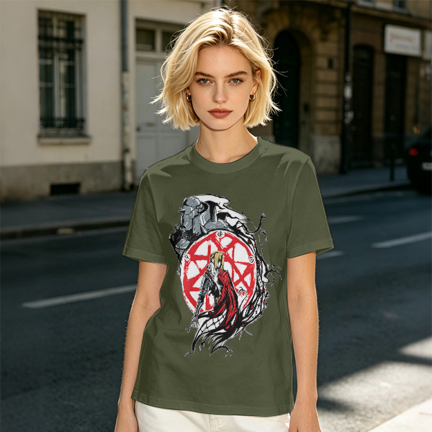 Olive Anime Graphic T-Shirt With Transmutation Circle Design