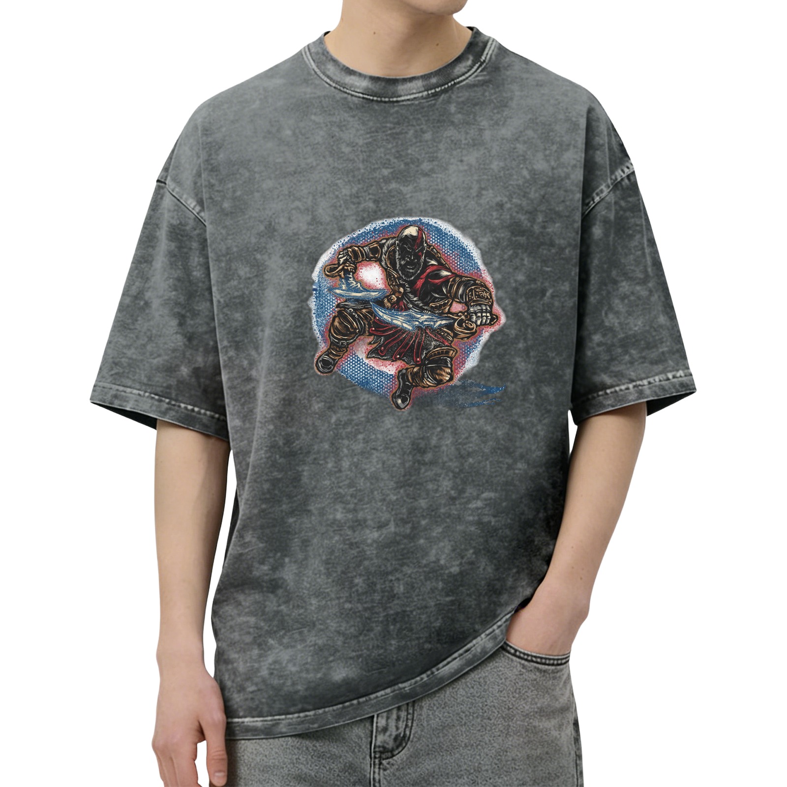Washed Black Oversized T-Shirt With Warrior Graphic Print