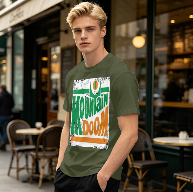 Olive T-shirt with Mountain Doom Themed Graphic Print