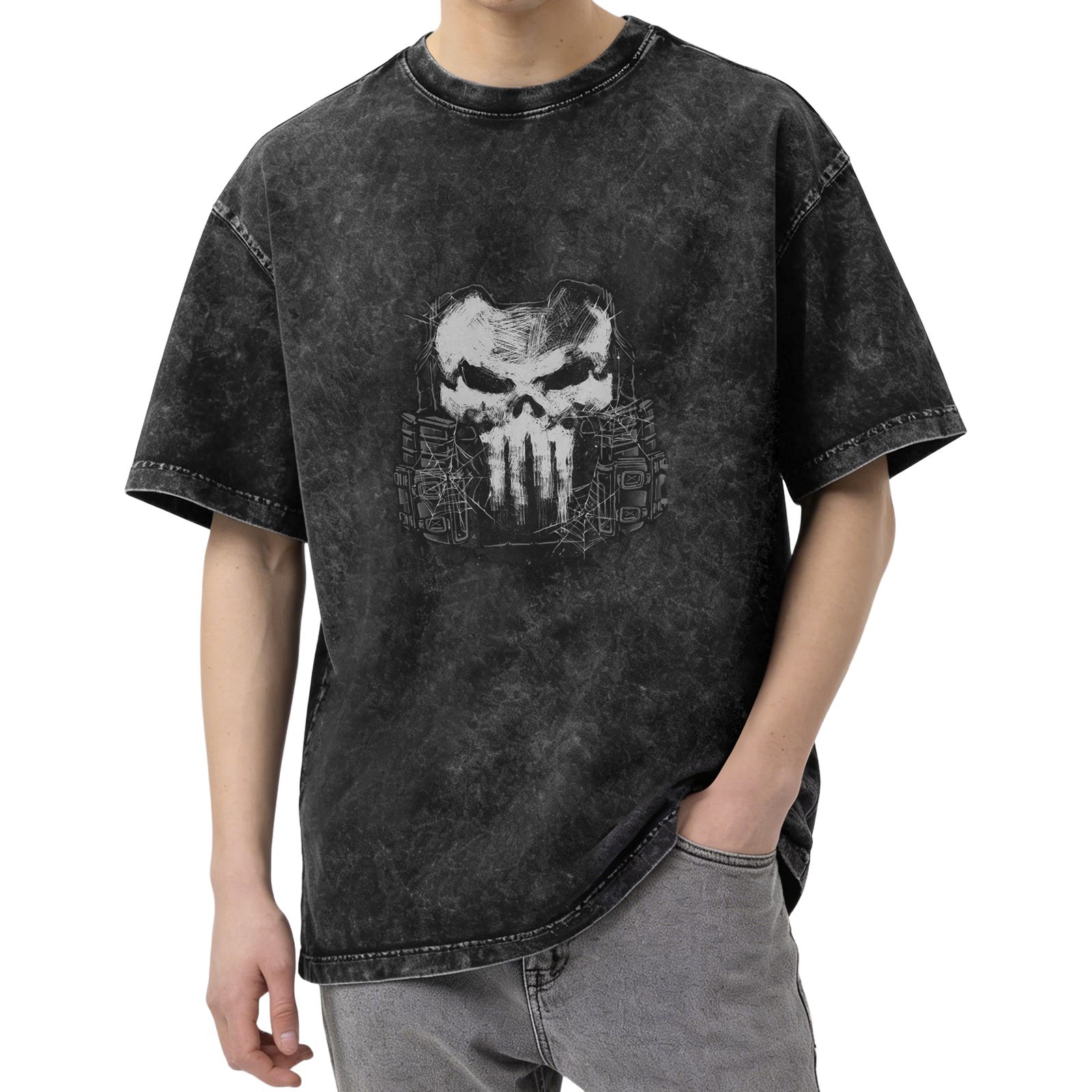 Washed Black T-Shirt With Tactical Skull Graphic Print