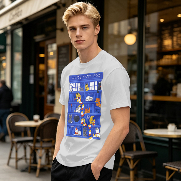 Olive T-Shirt with Police Box and Playful Cats Graphic