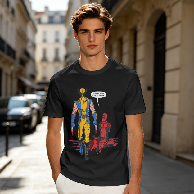 Olive T-Shirt Featuring Wolverine and Deadpool Comic Art