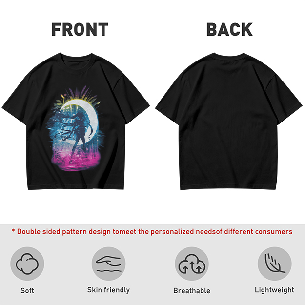 Olive T-Shirt with Crescent Moon Anime Character Silhouette Art