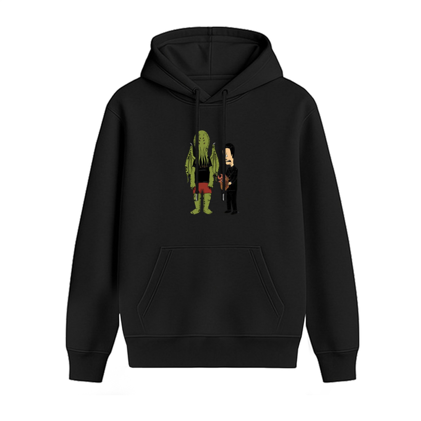 Black hoodie with Cthulhu and cartoon man graphic print