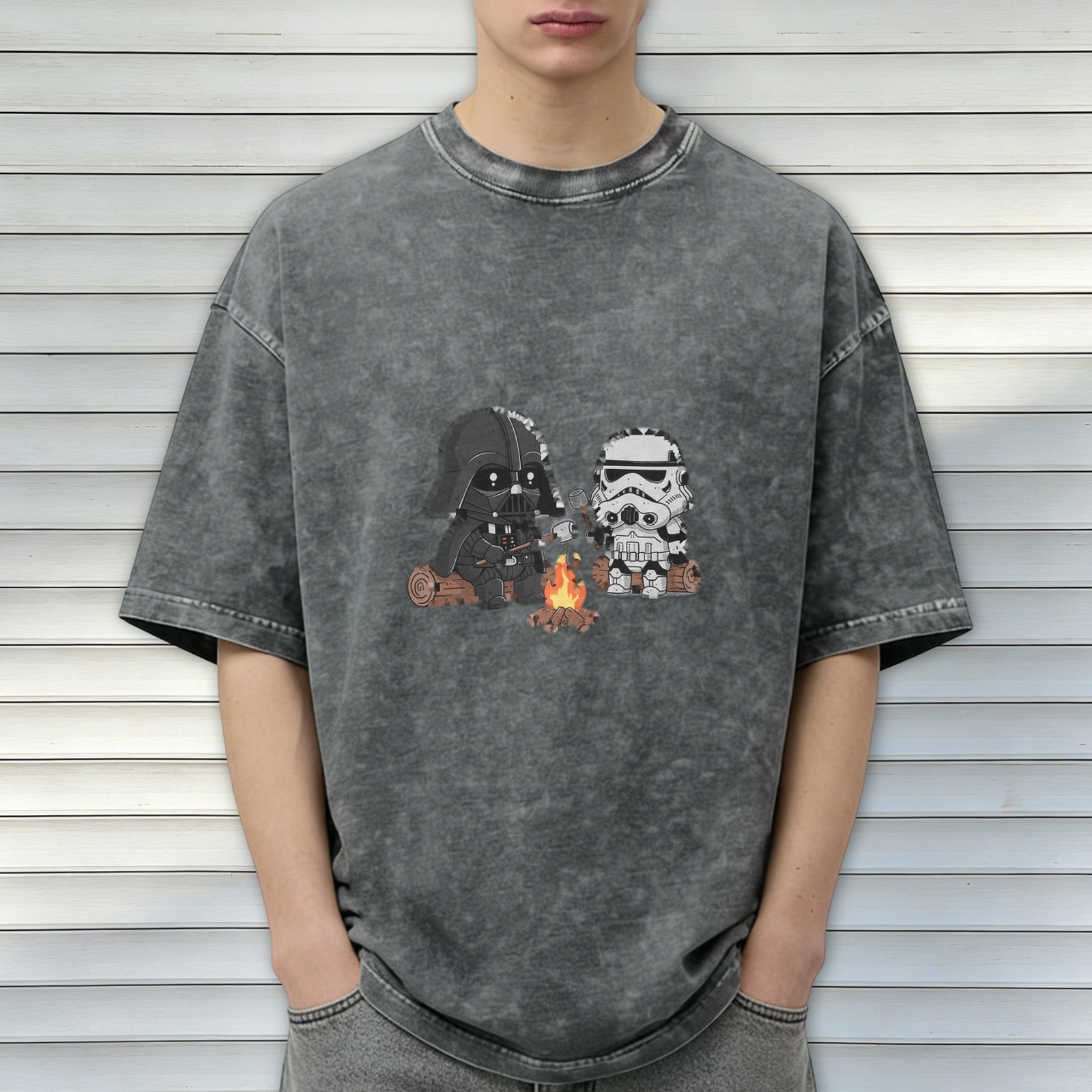 Washed Cotton T-Shirt with Cute Star Wars Characters Camping Graphic