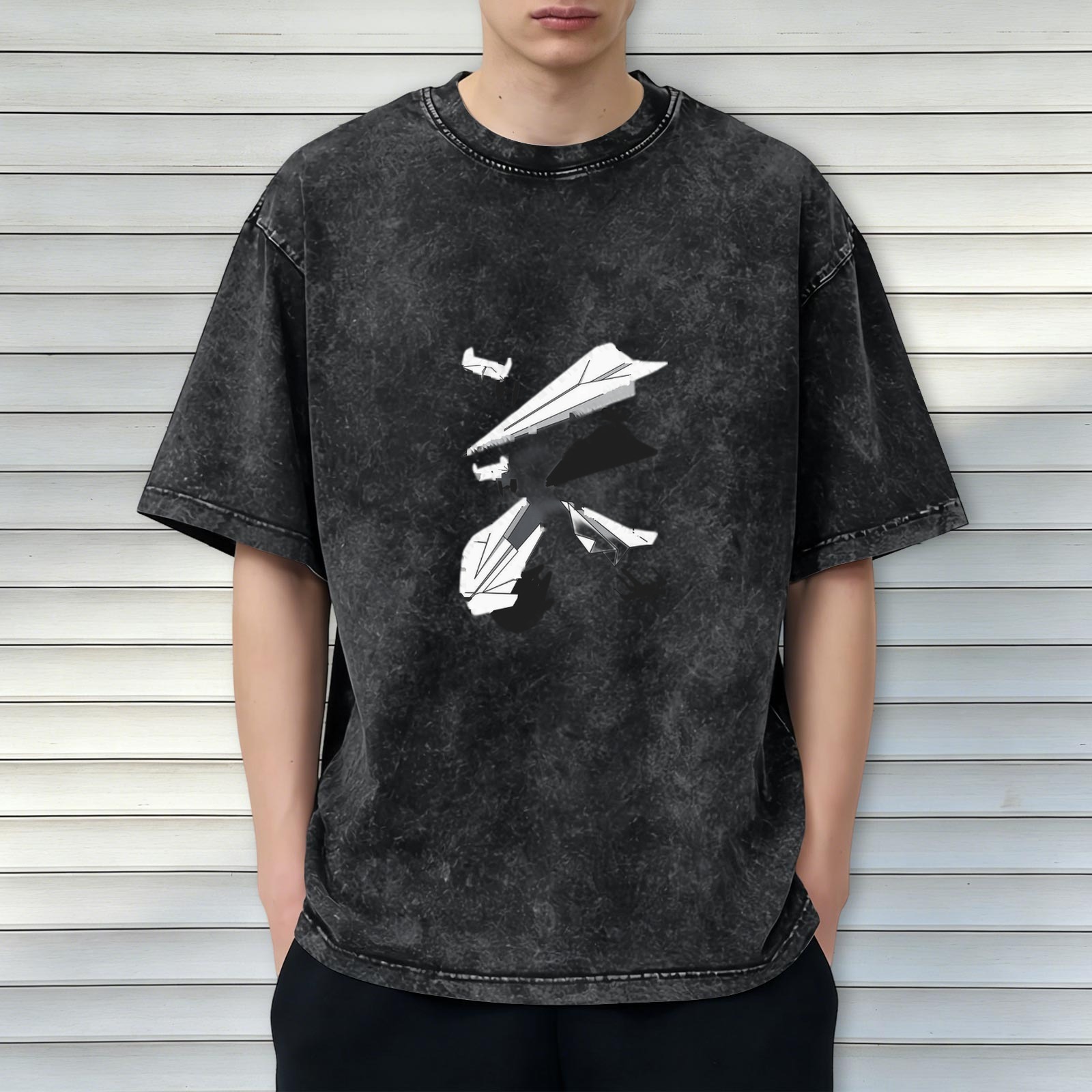 Oversized Acid Wash T-Shirt with Broken Paper Plane Graphic Print