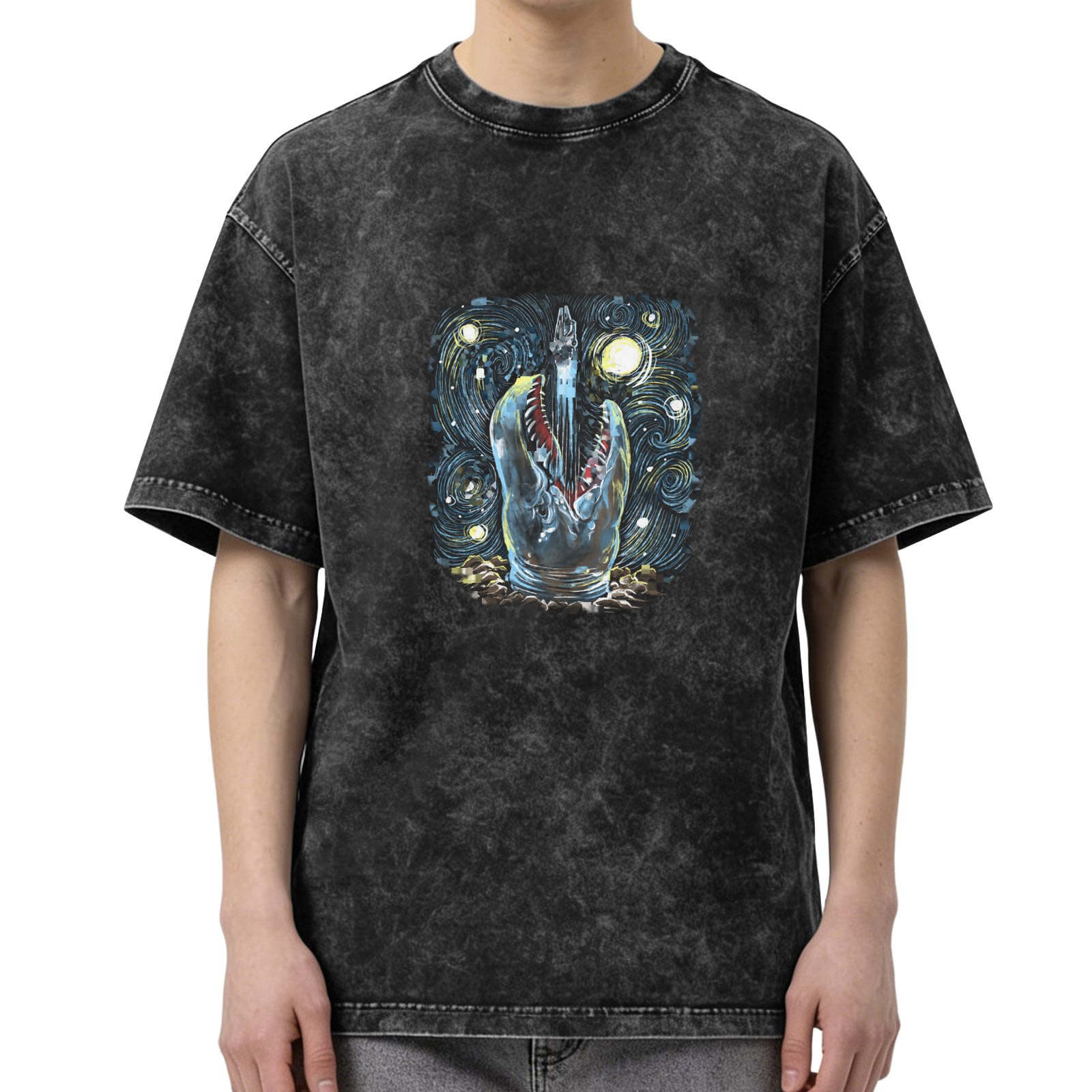 Oversized Acid Wash T-Shirt With Starry Night Shark Graphic