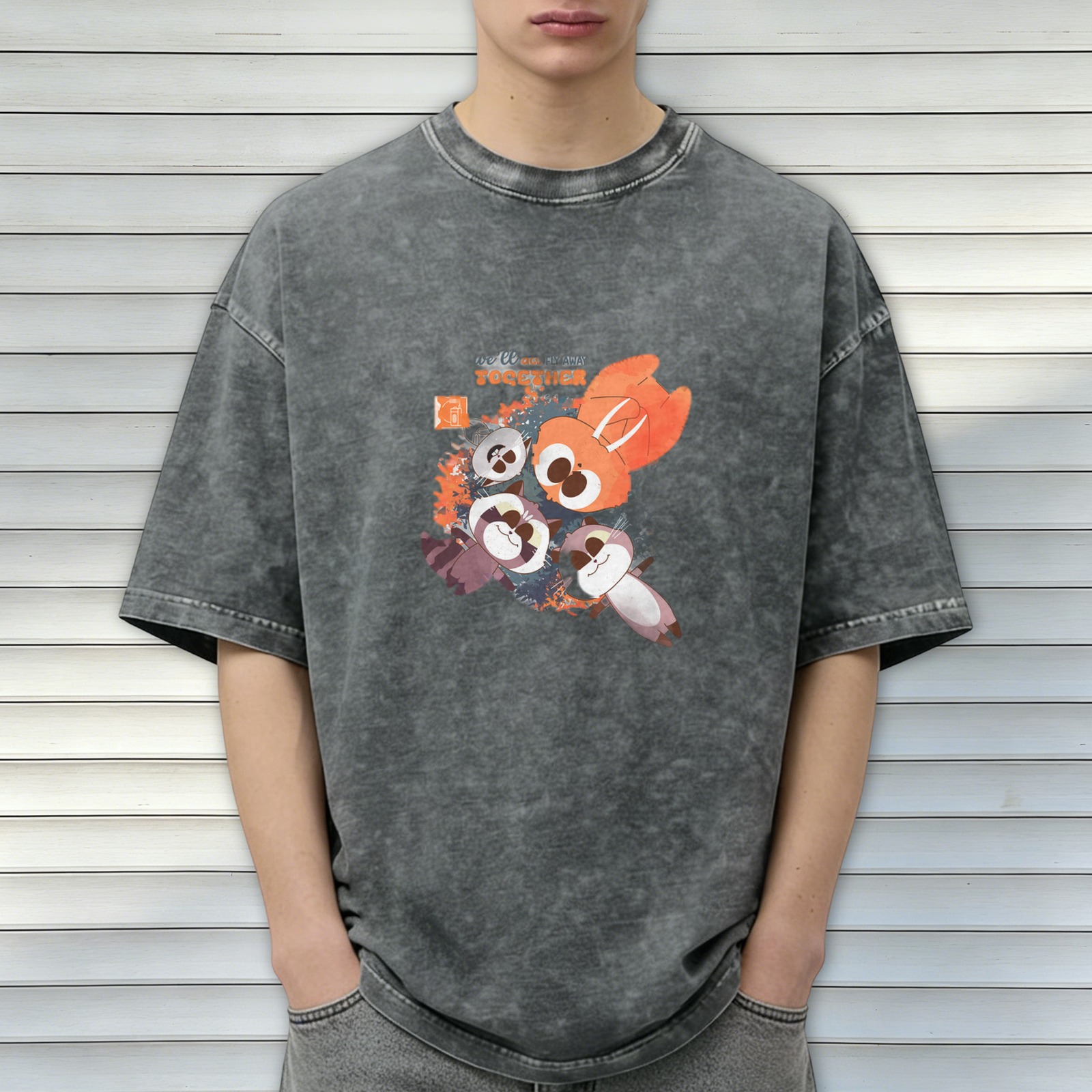 Washed Black Cartoon Animal Graphic Oversized T-shirt