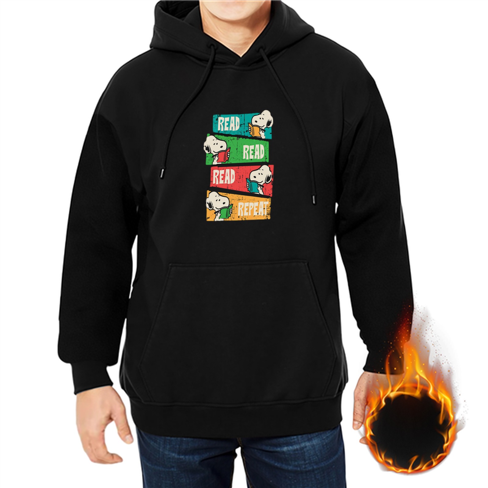Black hoodie with Snoopy Read Read Read Repeat book stack graphic