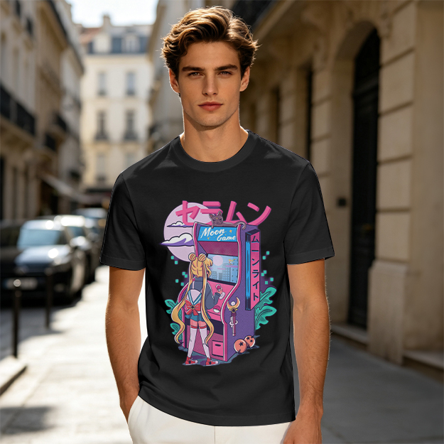Anime girl playing moon arcade game graphic tee