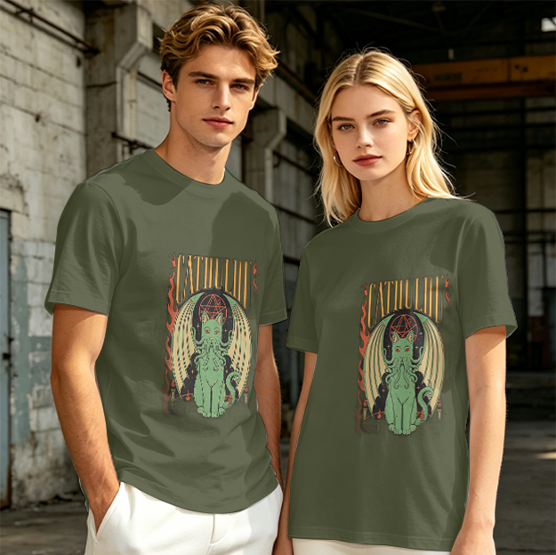 Olive T-shirt with Cthulhu Cat Graphic Print