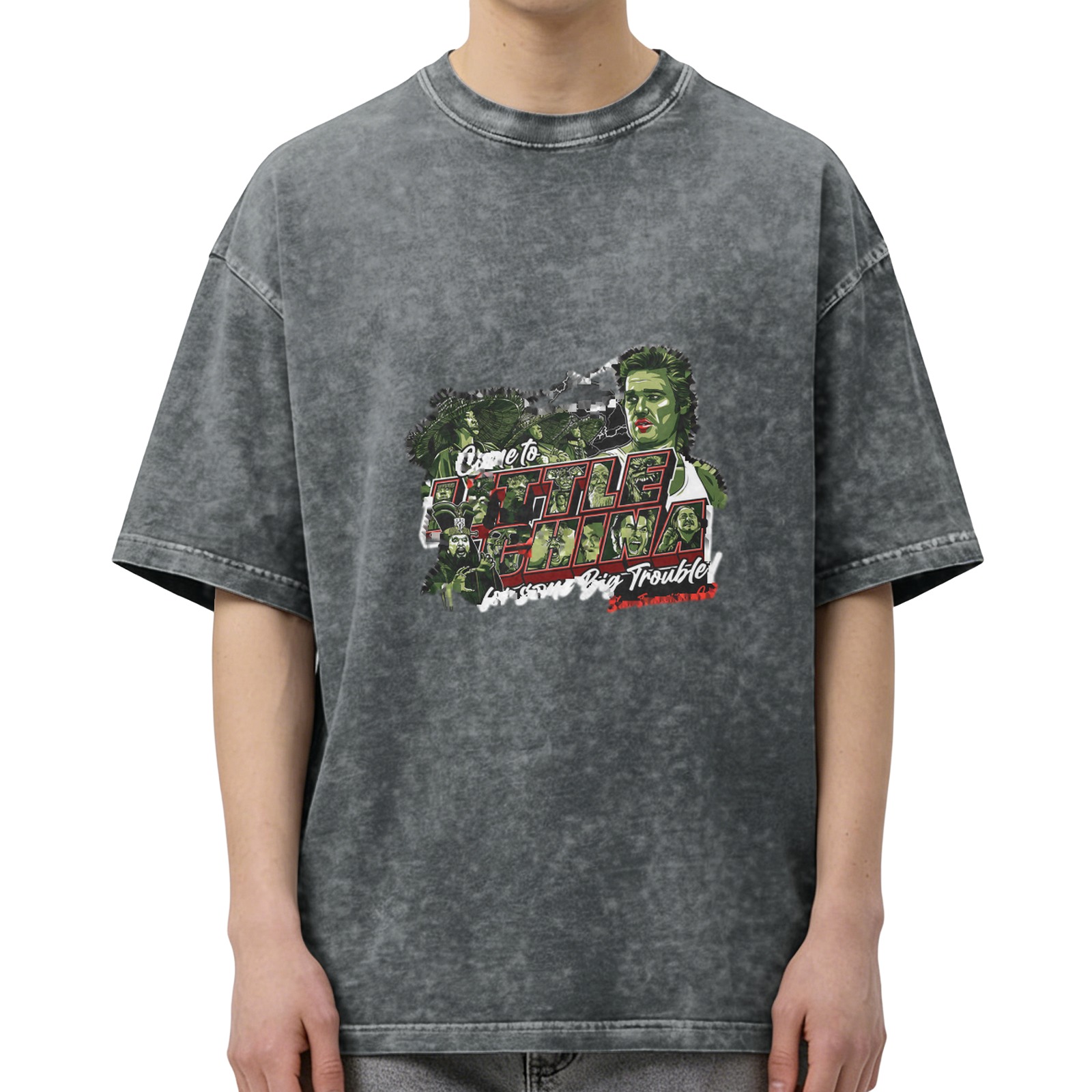 Retro washed black short-sleeved T-shirt with movie 