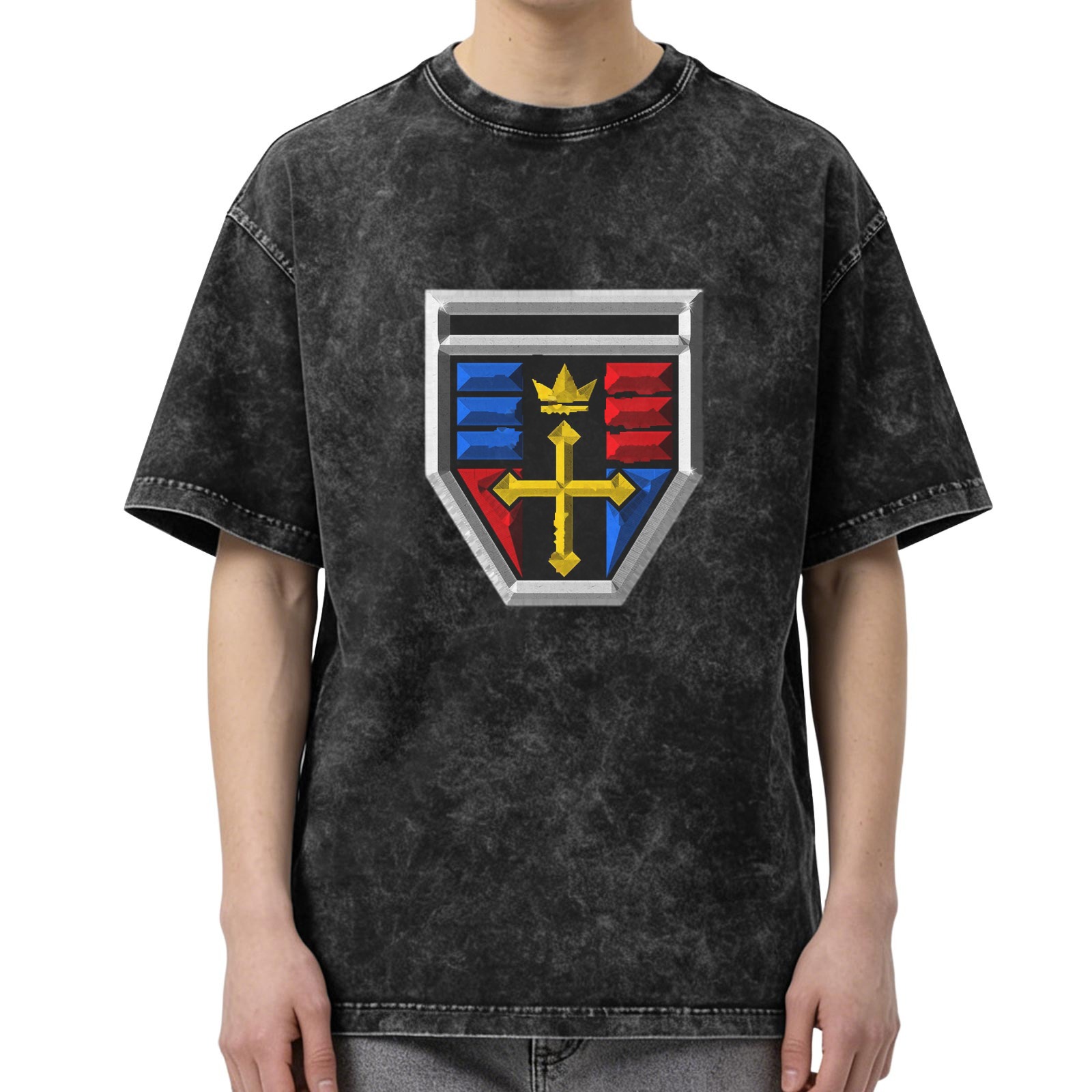 Oversized Black Acid Wash T-Shirt with Voltron Inspired Shield Graphic