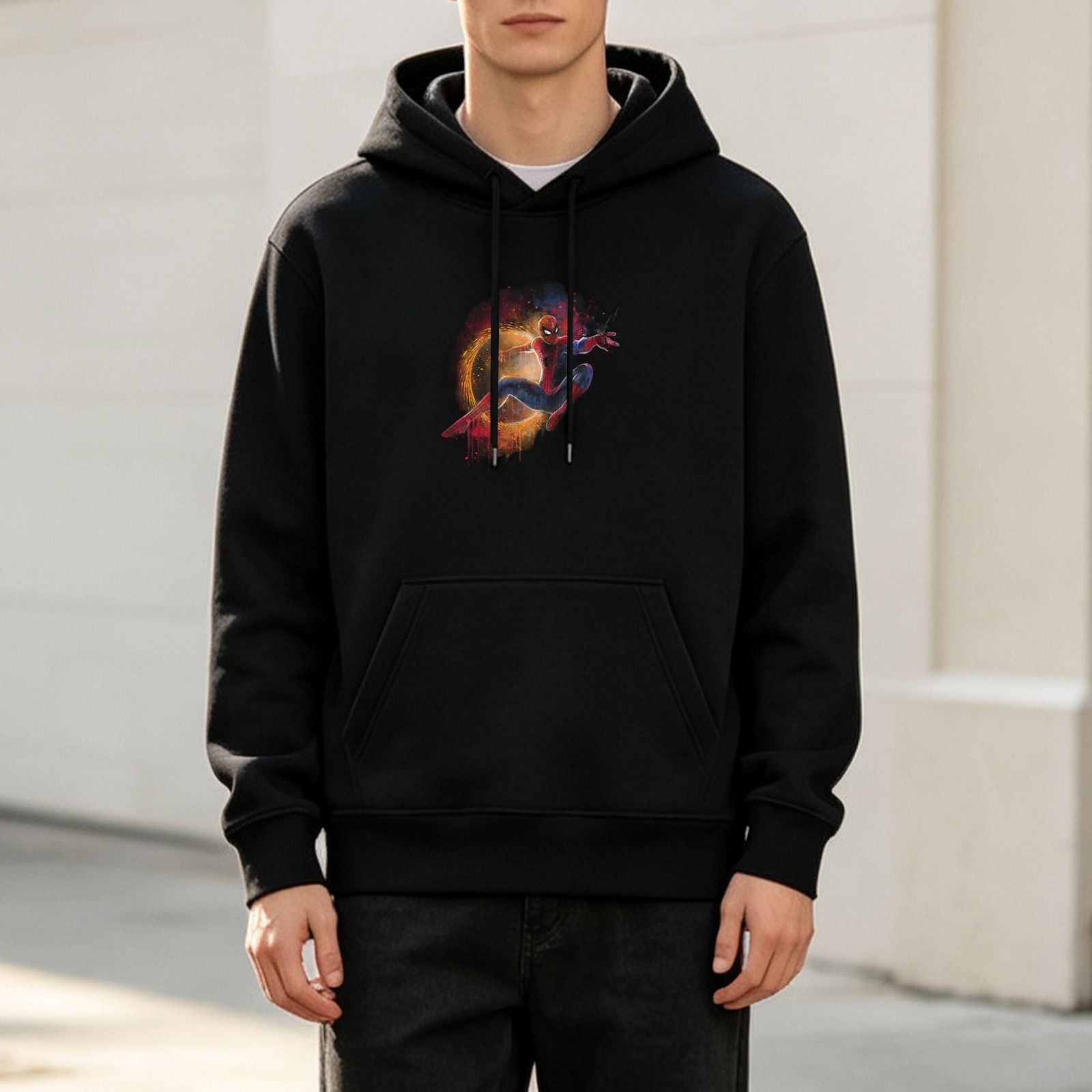 Black hoodie with Spider-Man cosmic web graphic