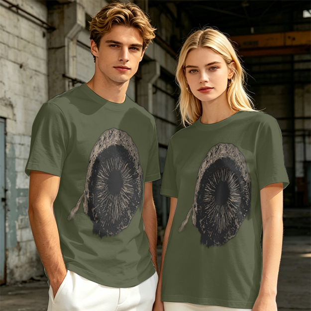 Olive Green T-Shirt With Mushroom Spore Print Graphic