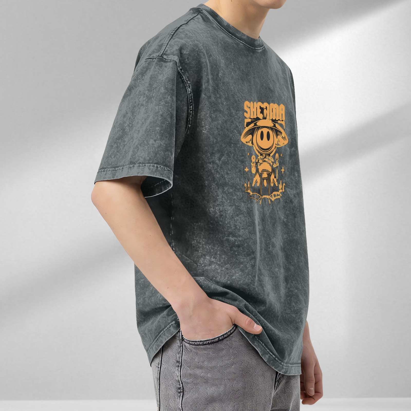 Oversized Acid Wash T-Shirt with UFO Alien Graphic Print