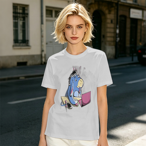 Olive T-Shirt Featuring Eeyore Using a Laptop