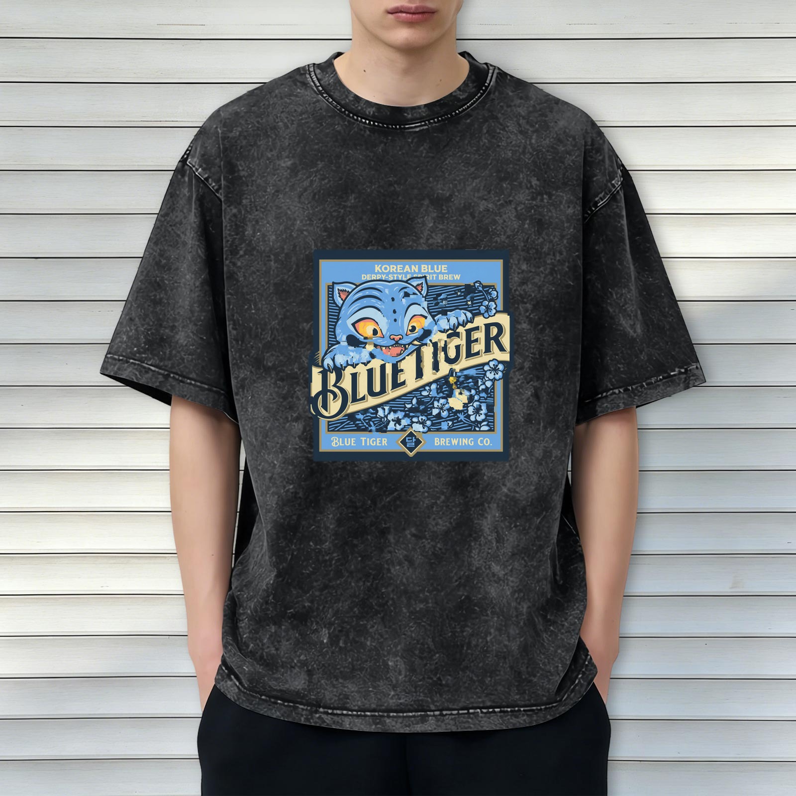 Washed Black Oversized T-Shirt with Blue Tiger Brewing Co Graphic