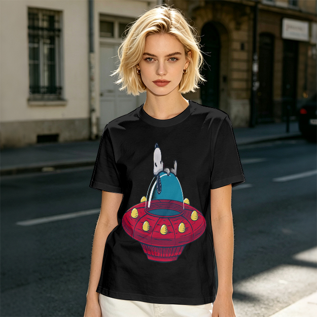 Olive T-Shirt Featuring Snoopy Relaxing in a Red UFO