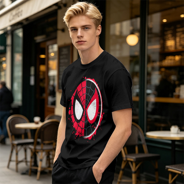 Olive T-Shirt with Split Spider-Man Mask Graphic