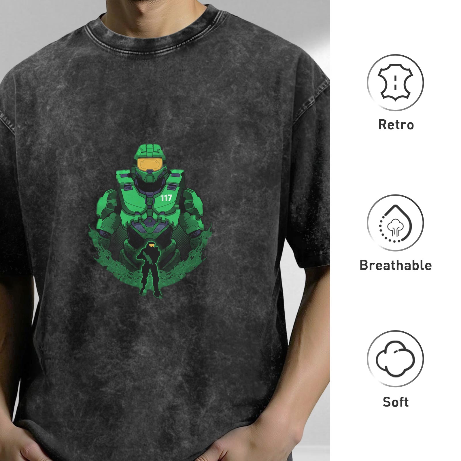 Oversized Dark Wash T-Shirt With Master Chief 117 Graphic